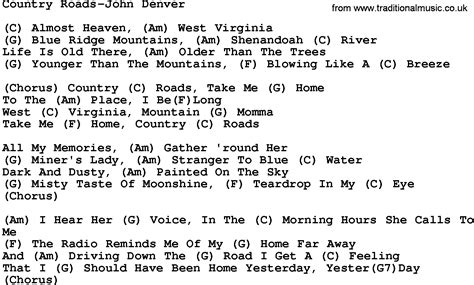 Country Music:Country Roads-John Denver Lyrics and Chords