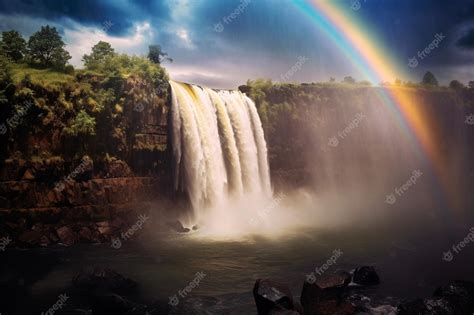 Premium AI Image | a rainbow over a waterfall in the sky