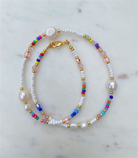 * handmade multicoloured seed bead, freshwater pearl and gem stone ...