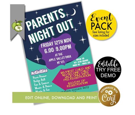 an event flyer for parents night out with two different items on the ...