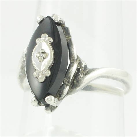 Silver Onyx Ring - Vintage Sterling Marquise Black Onyx and Diamond ...