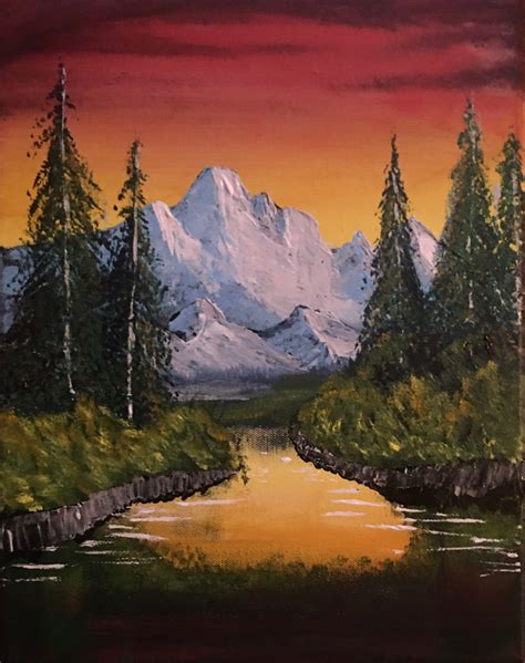 Sunset Mountain Bob Ross Style Acrylic Painting Landscape | Etsy