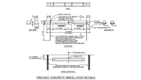 Parking bumper wheel stop details section details - Cadbull