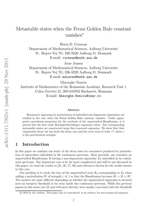 (PDF) Metastable States When the Fermi Golden Rule Constant Vanishes