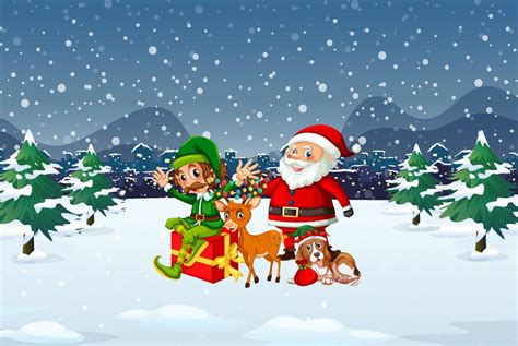 Snowy Christmas night scene with Santa Claus and friends 7311535 Vector ...