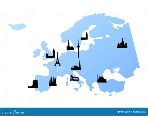 Europe map with landmarks stock vector. Illustration of european - 9443692