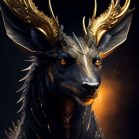 Voidraptor: portrait of a black dragon with golden antlers and ...