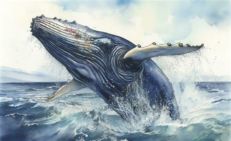 A whale breaching in a stormy ocean watercolor painting, beautiful ...