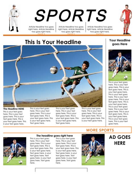 Sport’s newspaper template in Word and Pdf formats