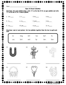 Open and Closed Syllable Worksheet Orton-Gillingham | TPT