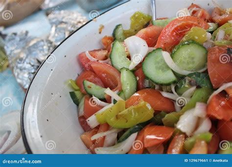 Traditional Bulgarian Salad Stock Image - Image of tomato, onion: 129679661