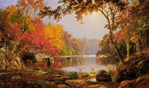 a painting of a river surrounded by rocks and trees in the fall season ...