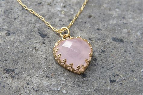 Gold Necklace, Heart Necklace, Pink Rose Quartz Stone, Vintage Necklace ...