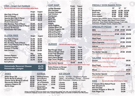 Menu at The Anchor Fish and Chips restaurant, Glasgow