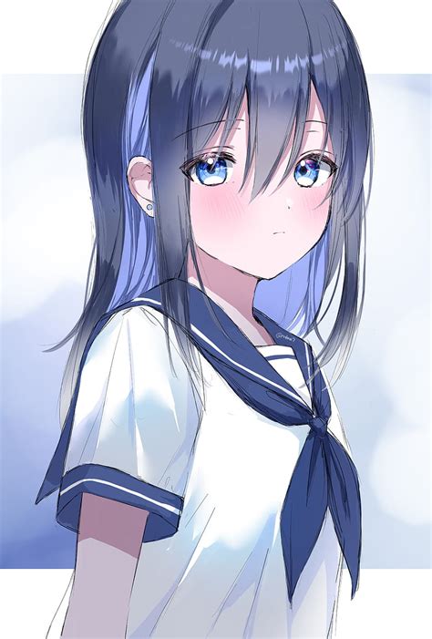 Girl, schoolgirl, glance, anime, art, blue, HD phone wallpaper | Peakpx