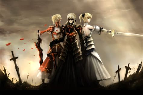 1440x900 resolution | three female anime characters holding swords ...