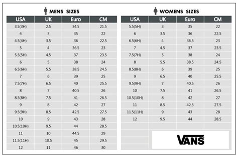 Vans Shoe Size Chart Women