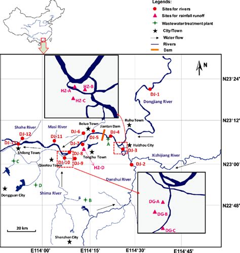 Sketch map showing the sampling area and sites in the Dongjiang River ...