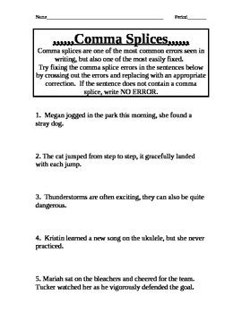 Comma Splice Practice by Siebstuff | Teachers Pay Teachers