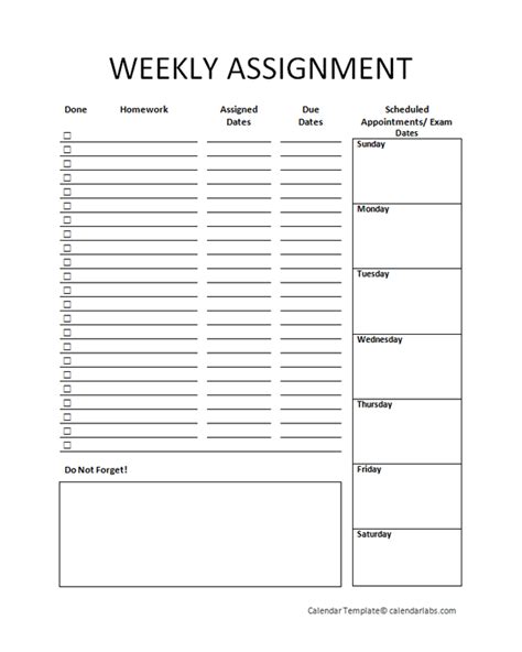 Weekly Homework Planner Printable