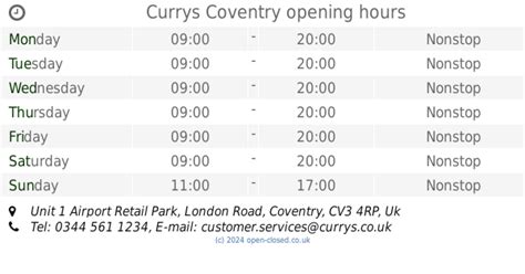 Currys Coventry opening times, Unit 1 Airport Retail Park, London Road