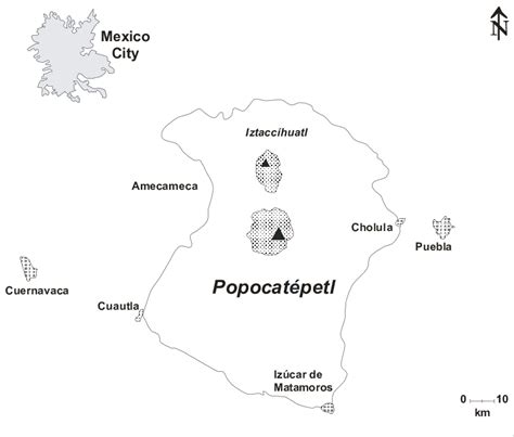 Schematic roadmap around Popocatépetl volcano showing main cities and ...