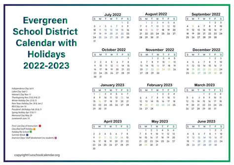 Evergreen School District Calendar with Holidays 2022-2023