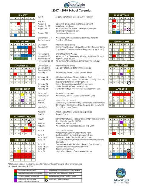 2017 - 2018 School Calendar | Isle of Wight County Public Schools ...