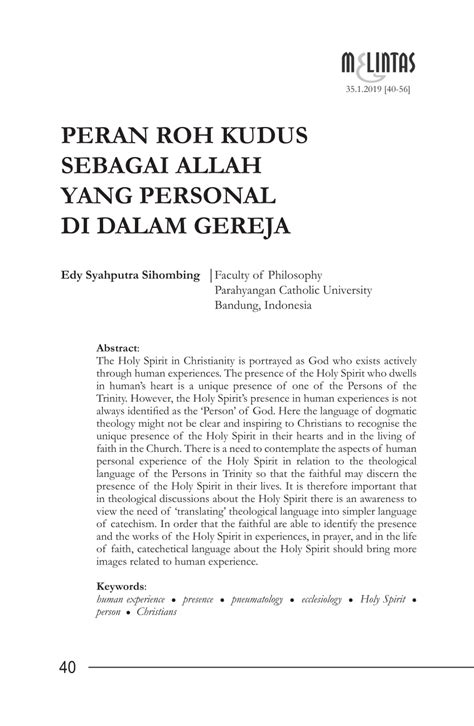 (PDF) Peran Roh Kudus Sebagai Allah yang Personal di dalam Gereja