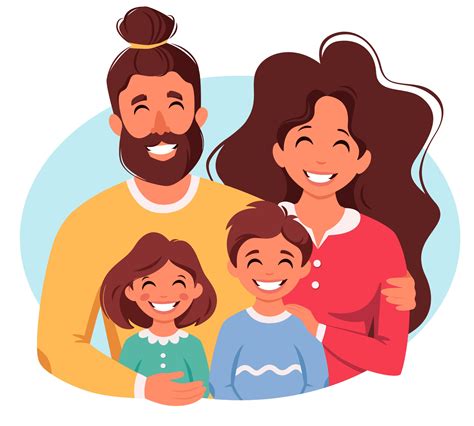 Happy family with son and daughter. Parents hugging children. Vector ...