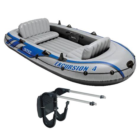 Intex Excursion 4 Inflatable River/Lake Boat Raft Set & Motor Mount Kit ...