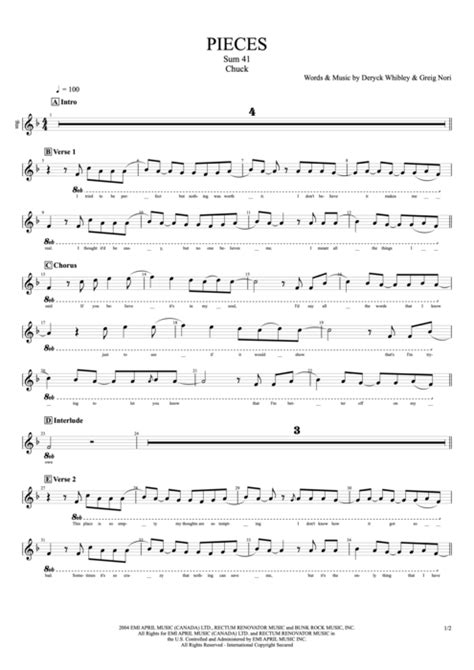 Pieces Tab by Sum 41 (Guitar Pro) - Full Score | mySongBook