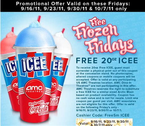 FREE IS MY LIFE: COUPON: FREE 20 oz Icee at AMC Theatres 9/16 9/23 9/30 ...