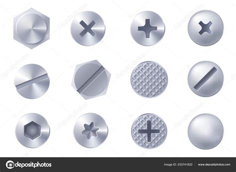 Set of metal screw heads isolated on white background. Collection of ...