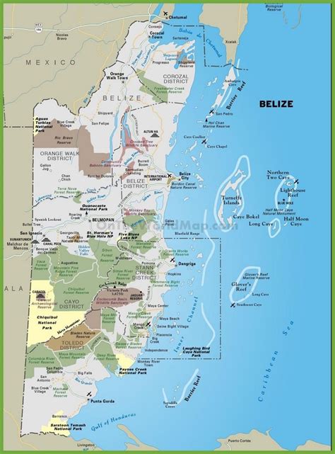 a large map of the state of belize with major cities and towns in it