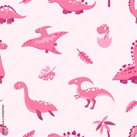 Pink dino pattern. Cute cartoon dinosaurs, leaves and palm. Pastel ...