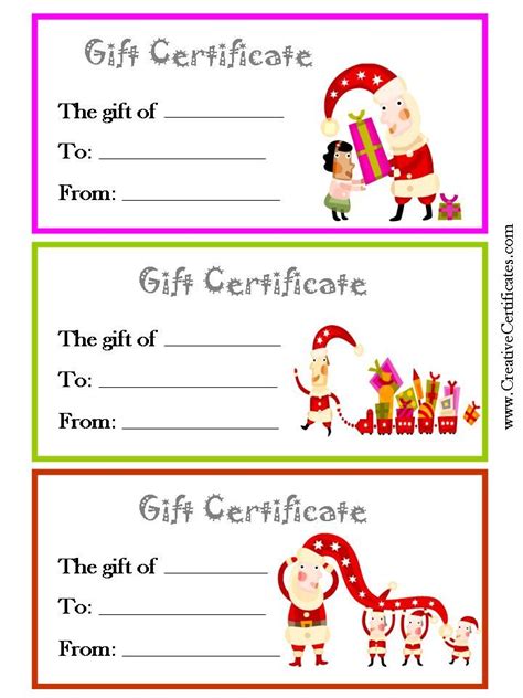 3 printable Christmas gift certificates on one page each in a different ...