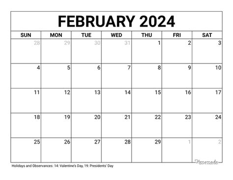 Free February 2024 Blank Calendar With Holidays Templates - Calendar 2024