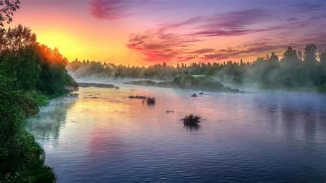 Misty river sunrise wallpaper - backiee