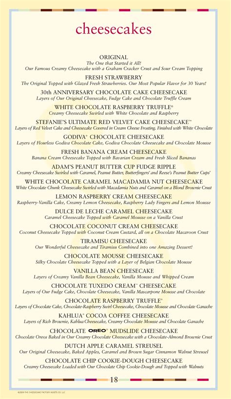 Menu at The Cheesecake Factory desserts, Edina, Southdale Ctr