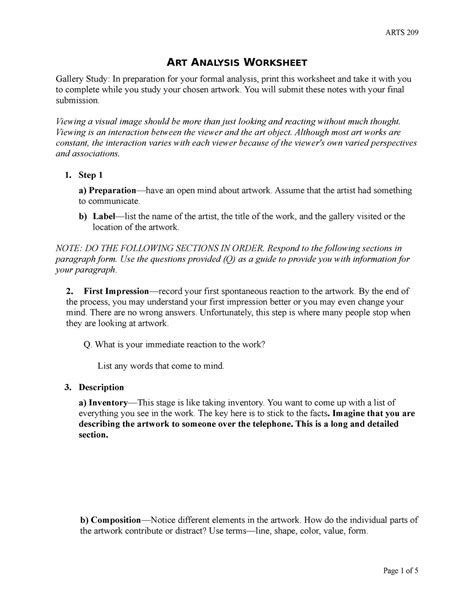 Art Analysis Worksheet - ART ANALYSIS WORKSHEET Gallery Study: In ...