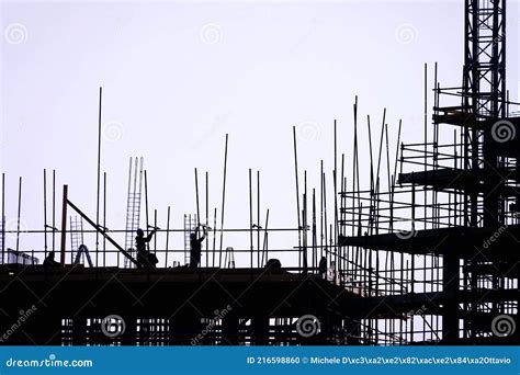 Silhouette of Construction Site with Workers Stock Photo - Image of ...