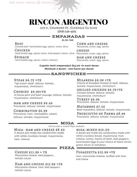 Menu at Rincon Argentino restaurant, Glendale