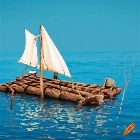 A wooden raft with a sail on a white background