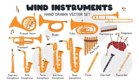 Wind instruments vector set. Simple cute trumpet, bugle, trombone, tuba ...