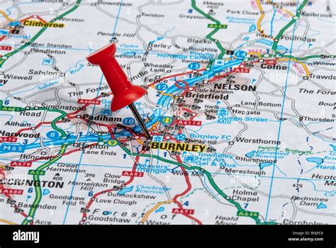 red map pin in road map pointing to city of Burnley Stock Photo - Alamy