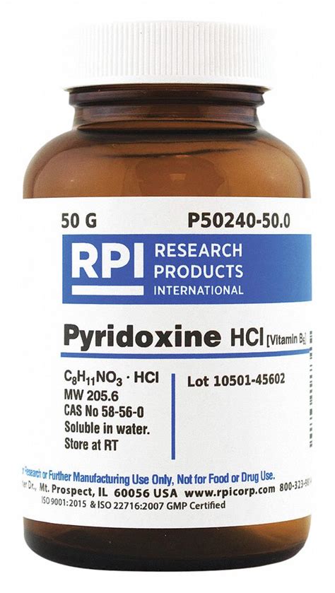 RPI Pyridoxine Hydrochloride: 50 g Container Size, Powder - 31GD15 ...