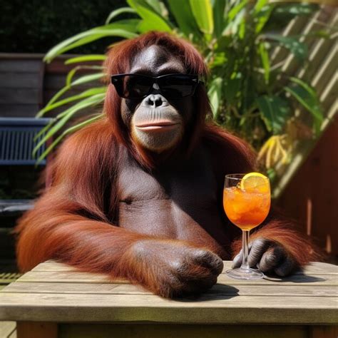 Premium AI Image | An orangutan in sunglasses with a glass of juice ...