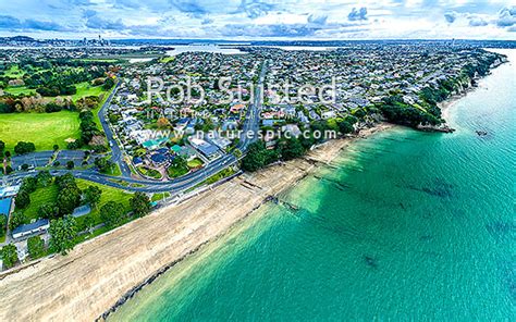 Takapuna aerial view. Narrow Neck Beach below, Waitemata Harbour and ...