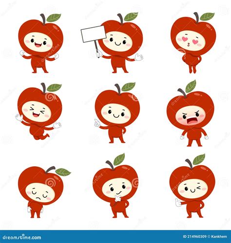 Set Of Cute Red Apple Cartoon Characters With Various Activities And ...